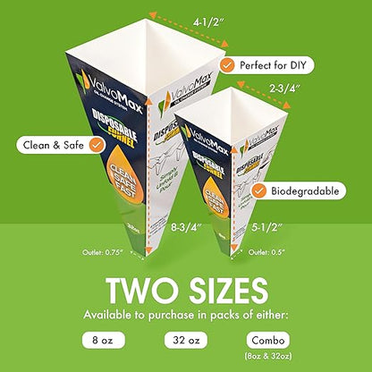 ValvoMax Disposable Funnels, 12-Pack (32oz) – Glossy Cardstock Paper Funnels for Oil Changes, Automotive Fluids, Coolant, and Household Liquids