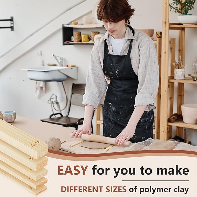 Sasylvia 20 Pcs Pottery Rolling Pin Guides Wood Teaching Rolling Mud Stick Guide Set Polymer Clay Depth Guide Pottery Tools Clay Mudboard Tools (10 Size,Wood Color) - Image 5