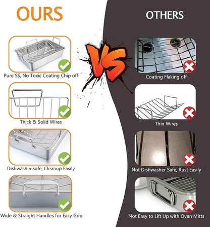 TeamFar Stainless Steel Roasting Pan, 16 Inch Large Turkey Roaster Lasagna Pan with V Rack & Cooling Rack Set for Roasting, Baking, Healthy & Heavy Duty, Deep Side & Dishwasher Safe - 3 PCS