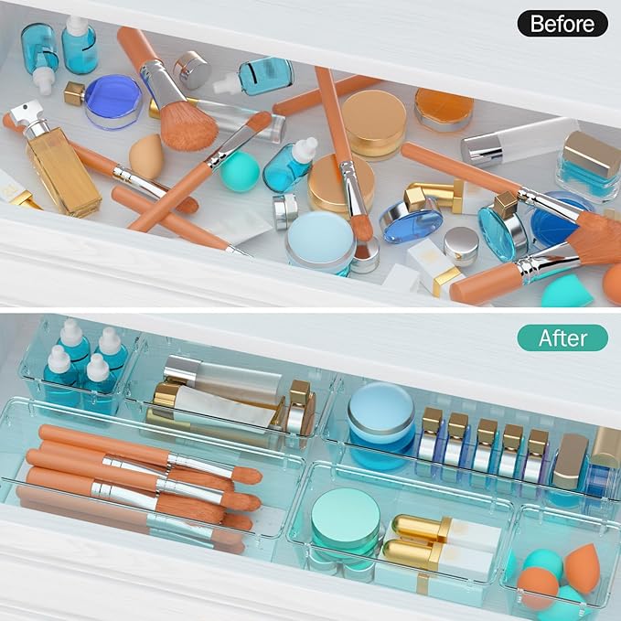 WOWBOX 9 Pack Clear Drawer Organizer Set, Acrylic Drawer Storage Trays, Storage Bins for Makeup, Cosmetics, Jewelries, Utensils, Gadgets, Office, Sea Blue - Image 4