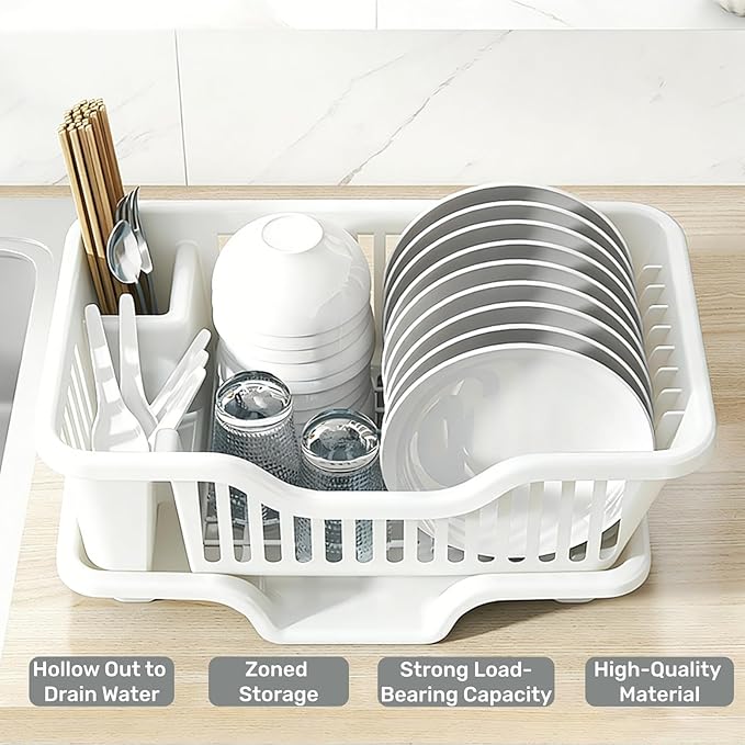 Noamus 2-Piece Plastic Dish Drying Rack, Heavy Duty Sink Set Dish Rack, White Large Drainer with Attached Drainboard Utensil Cup Holders for Home Kitchen Counter Top Organizers - Image 5