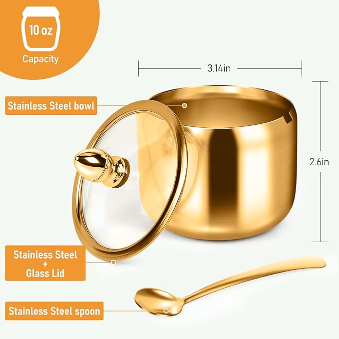 holoith Sugar Container with Glass Lid and Spoon - 10oz Gold Sugar Bowl for Coffee Bar Station Accessories Kitchen Storage for Salt, Candy, Coffee Bean (Gold) - Image 3