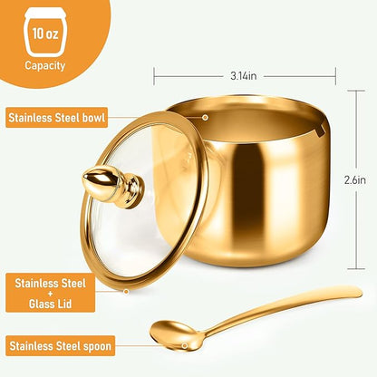 holoith Sugar Container with Glass Lid and Spoon - 10oz Gold Sugar Bowl for Coffee Bar Station Accessories Kitchen Storage for Salt, Candy, Coffee Bean (Gold) - Image 3