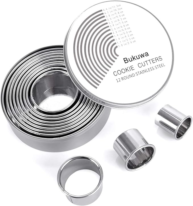 12 Pieces Round Cookie Biscuit Cutter Set,Graduated Circle Pastry Cutters,18/8 Stainless Steel Cookie Cutters and Donut Cutter Ring Molds by BUKUWA