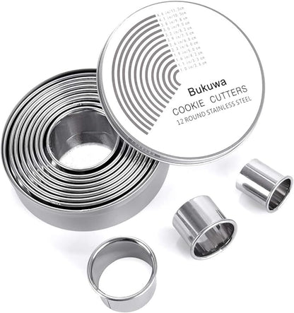 12 Pieces Round Cookie Biscuit Cutter Set,Graduated Circle Pastry Cutters,18/8 Stainless Steel Cookie Cutters and Donut Cutter Ring Molds by BUKUWA