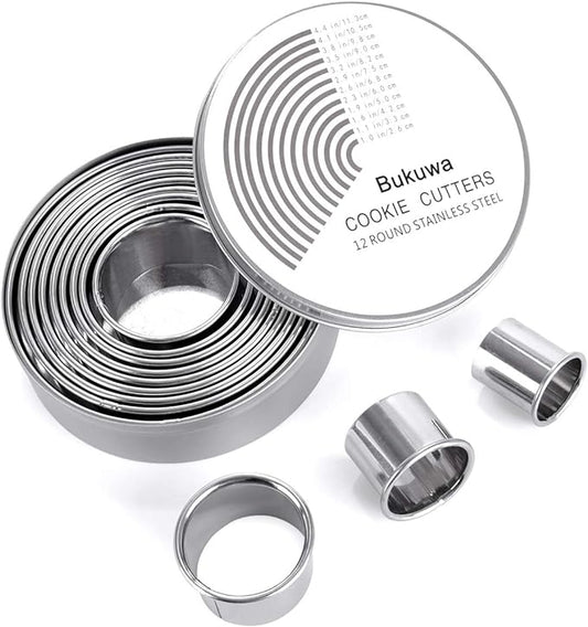 12 Pieces Round Cookie Biscuit Cutter Set,Graduated Circle Pastry Cutters,18/8 Stainless Steel Cookie Cutters and Donut Cutter Ring Molds by BUKUWA