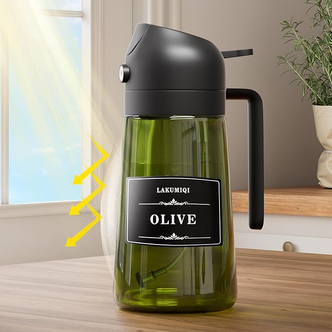 LAKUMIQI 2 in 1 Oil Sprayer for Cooking, 16oz Olive Oil Dispenser Bottle for Kitchen, Food Grade Light-Blocking Leak Proof Glass Spray Bottle for Salad, Air Fryer, BBQ - Image 3