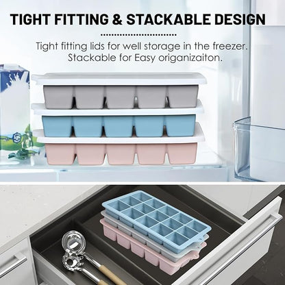Silicone Ice Cube Trays 3Packs, Easy Release Ice Cube Molds with Lid, Freezer Stackable Ice Maker for Whiskey, Baby Food, BPA Free (Blue+Grey+Pink) - Image 4
