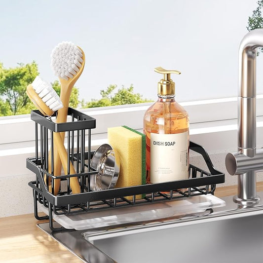 Consumest Sponge Holder for Kitchen Sink - Kitchen Sink Caddy Organizer with Removable Drip Tray for Countertop Dish Soap Dispenser Brush Storage Accessories 304 Stainless Steel - Black by Consumest
