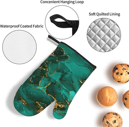 Turquoise Marble Oven Mitts and Pot Holders Sets of 3 Emerald Dark Green Hot Pads Heat Resistant Non Slip Washable for Cooking Grilling Baking BBQ Kitchen Decor - Image 5