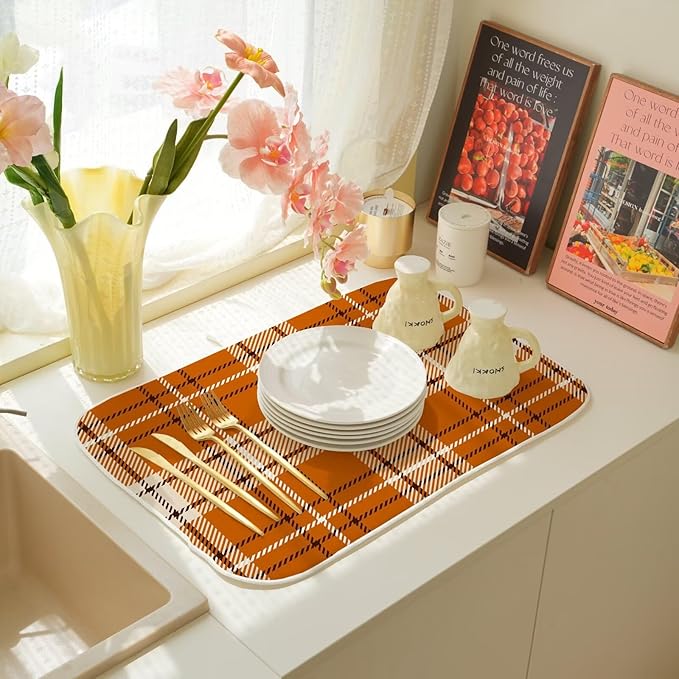Fall Dish Drying Mat 18 x 24 inch Autumn Orange Buffalo Plaid Themed Decorative Drying Mats Microfiber Absorbent Dish Washable Draining Mat for Kitchen Counter Decor