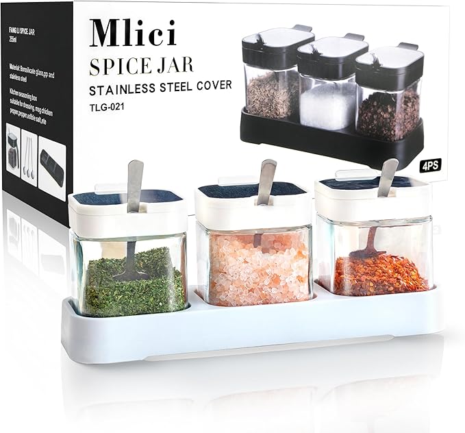 Mlici 8.6 oz Condiments Container Seasoning Jars, Kitchen Spicy Jars with Lids and Spoons, Tea Coffee Sugar Canisters Glass Spice Box, Set of 3, Containers, White - Image 7
