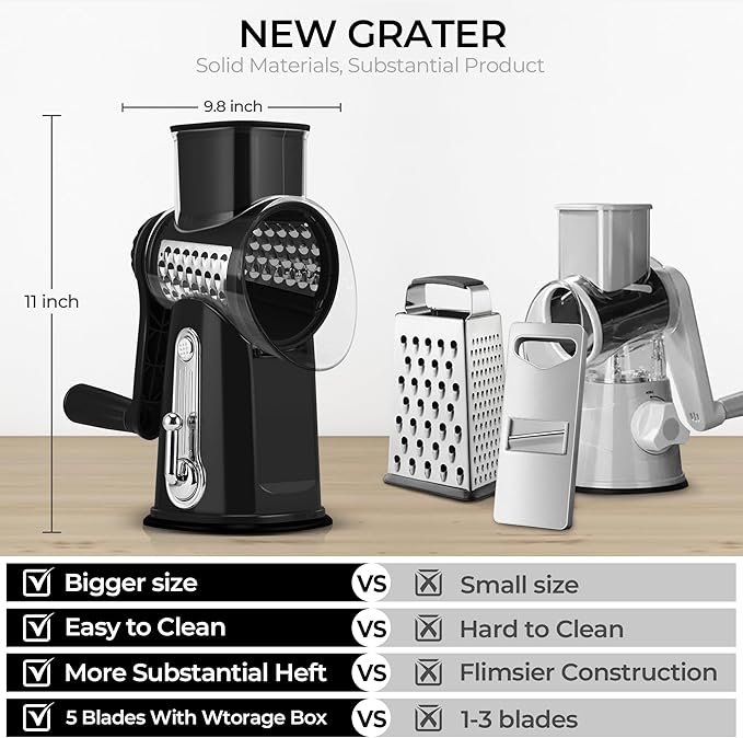 SUSTEAS Rotary Cheese Grater with Handle - Vegetable Shredder with 5 Well-designed Blades & Strong Suction Base,Round Mandoline Slicer & Food Chopper for Kitchen,with Blade Storage Box(Black) - Image 5