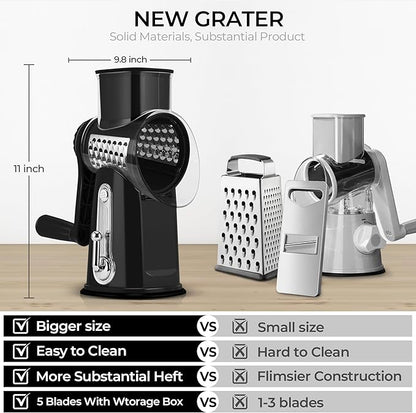 SUSTEAS Rotary Cheese Grater with Handle - Vegetable Shredder with 5 Well-designed Blades & Strong Suction Base,Round Mandoline Slicer & Food Chopper for Kitchen,with Blade Storage Box(Black) - Image 5