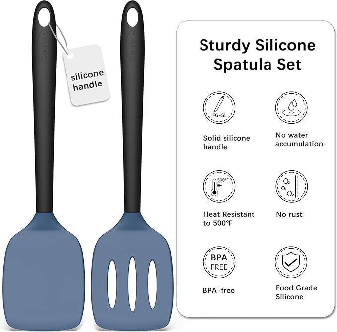 Coukre 2 Pack Silicone Spatula Set, High Heat Resistant, BPA Free Kitchen Spatula, Solid & Slotted Turner for Non-Stick Pans, Sautéing, and Flipping (2, DarkBlueBlack) - Image 3