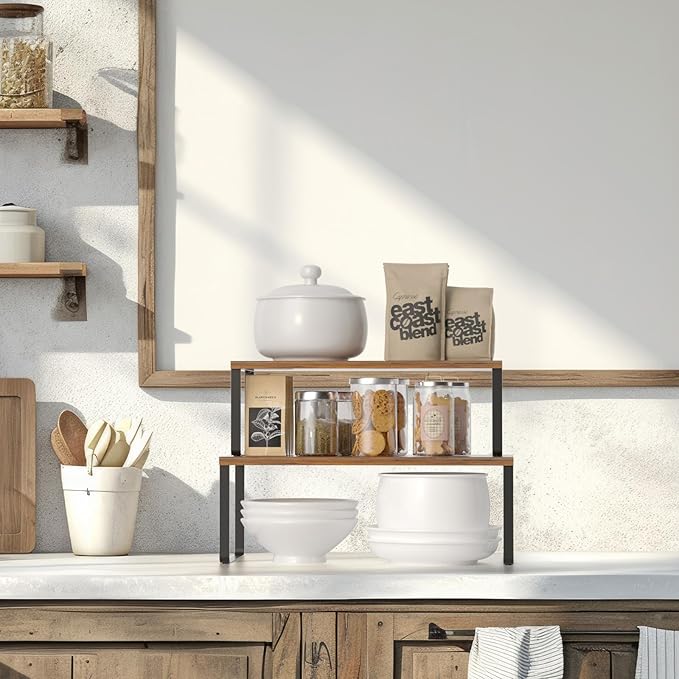 NEX Kitchen Cabinet and Counter Shelf Organizer, Stackable & Expandable, Set of 4, Black and Rustic Brown - 7.7 x 15.6 x 6.2'' - Image 6