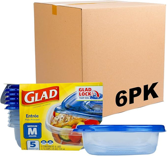 Glad GladWare Entree Food Storage Containers with Lids, Medium Square BPA Free Plastic for Meal Prep and Lunches, Lock Tight Seal, Microwave and Dishwasher Safe, 25 Oz, 5 Count - 6 Pack by GladTrashFoodStorage