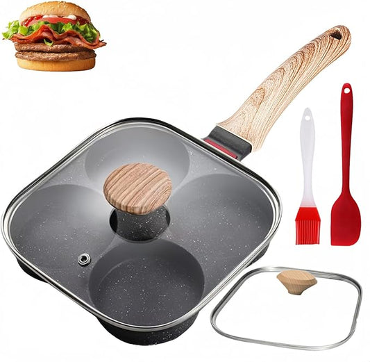 HUPECHAM Egg Pan With Lid 4-Cup Nonstick, and Healthy Granite Egg Frying Pan, Versatile Breakfast Skillet for Eggs, Pancakes, Plett, Crepes, Compatible with Gas Stove and Induction Cooktop by HUPECHAM