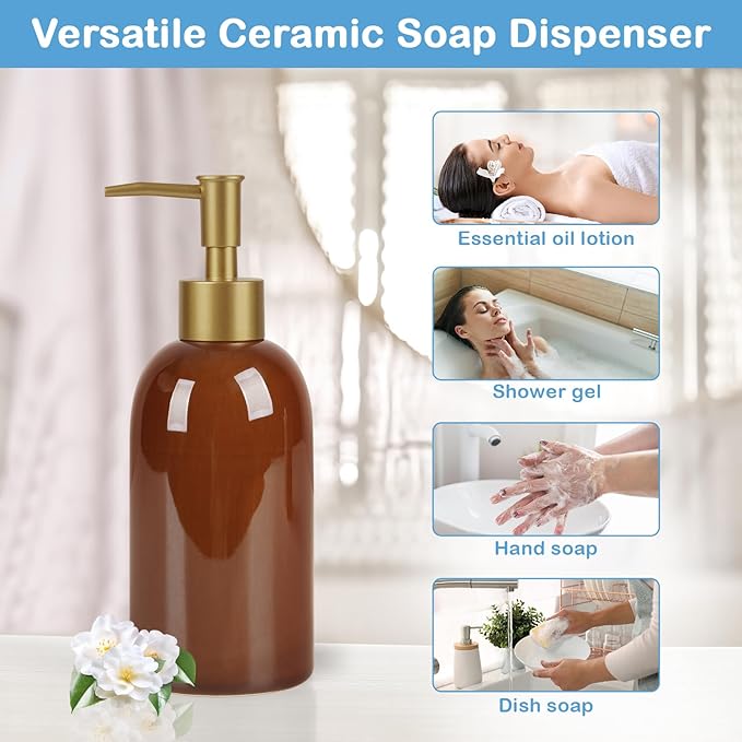 Natheeph 14OZ Ceramic Soap Dispenser Ceramic Soap Pump Dispenser Can Fill Liquid for Bathroom/Kitchen (Amber) - Image 6