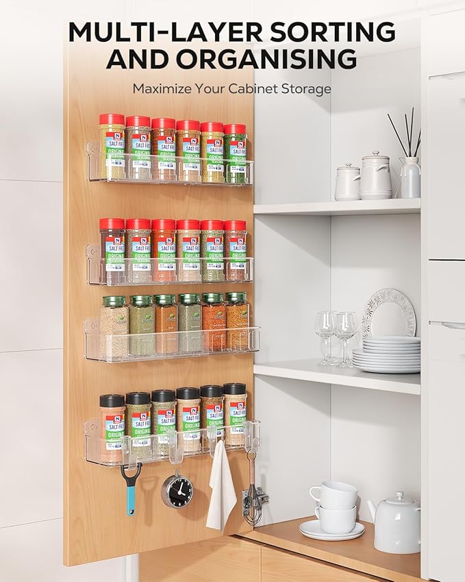 Nieifi Spice Rack Wall Mount, 4 Pack, Clear, Screw or Adhesive Installation, Spice Rack Organizer for Your Kitchen Cabinet or Pantry Door - Image 3