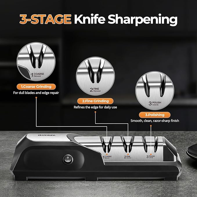 Kitchen Professional Electric Knife Sharpener: 3-Stage 100% Diamond Abrasives Knife Sharpeners with 15° Precision Angle Electric Steel Sharpening Tool to Restore/Polish Chef Knives - Image 4