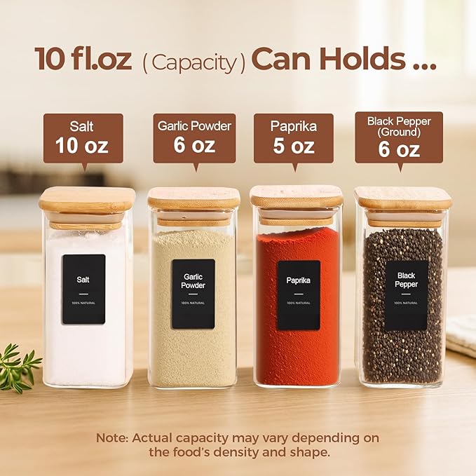 ComSaf 12Pcs Spice Jars with Labels, Glass Jar with Bamboo Lid, 10oz Airtight Square Containers with Black Lables, Empty Seasoning Jars for Spice, Salt, Pepper, Sugar - Image 2