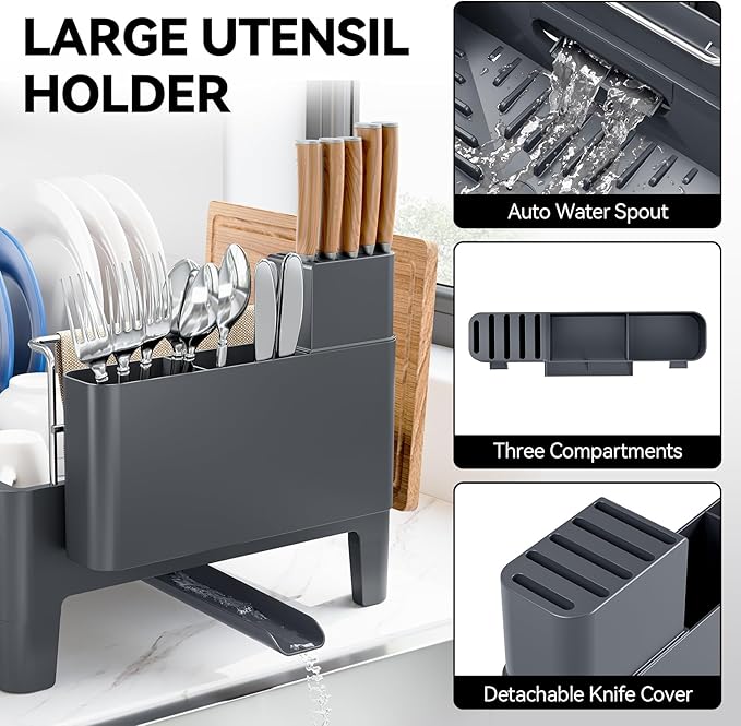 Urackify Expandable Dish Drying Rack, Stainless Steel Dish Rack with Aluminum Frame, Dish Drainer for Kitchen Counter, Space Saving Kitchen Drying Rack with Movable Utensil Holder, Gray - Image 5