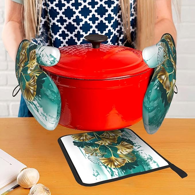 Teal Gold Green Leaves Oven Mitts and Pot Holders Set Heat Resistant Non Slip Set of 3 Decorative Kitchen Gloves Hot Pads for Cooking BBQ Baking Grilling - Image 7