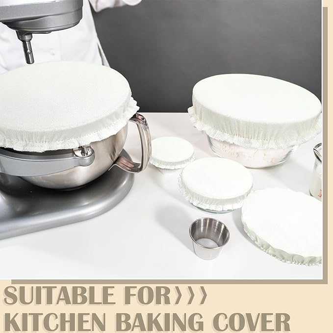 Patelai 10 Pcs Bowl Covers Reusable in 5 Size Stretch Cloth Fabric Elastic Food Storage Bowl Covers Bread Sourdough Lids for Proofing Food Fruits Leftover(White,Ivory Style) - Image 3