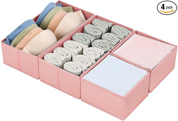 DIMJ Drawer Organizers for Clothing, Set of 4 Dresser Drawer Organizers, Fabric Closet Organizers and Storage, Drawer Dividers for Baby Clothes, Socks, Belt, Tie (Pink) by DiMJ