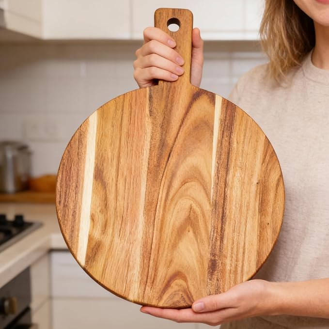 Large Acacia Wood Cutting Board with Handle 17''X13'', Charcuterie Board, Serving Board, Chopping Board for Meat, Cheese, Bread, Vegetables & Fruits (Round) - Image 4