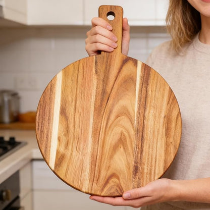 Large Acacia Wood Cutting Board with Handle 17''X13'', Charcuterie Board, Serving Board, Chopping Board for Meat, Cheese, Bread, Vegetables & Fruits (Round) - Image 4