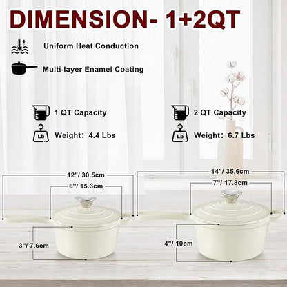 2 Pcs Enameled Sauce Pan with Lid, Leonyo 1 Qt & 2 Qt Cast Iron Saucepan Set, Small Bread Dutch Oven Pots for All Kitchen Cooktops Cooking Pasta, Milk, Soup - Up to 500°F, Cream White