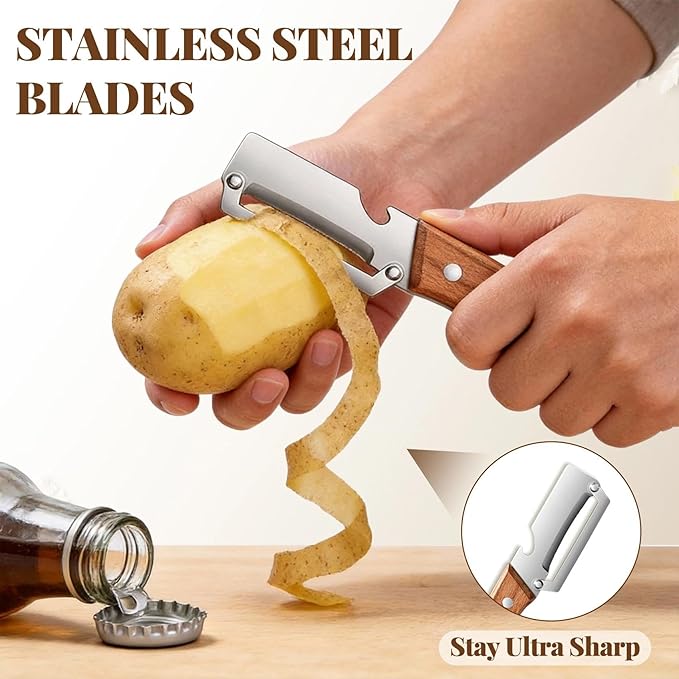 Multifunctional Vegetable Peeler, Premium Vegetable Peeler with Wooden Handle＆bottle Opener, Stainless Steel Blade Peeler for Kitchen, Non-slip Ergonomic Design - Image 2