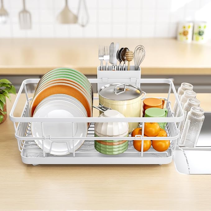 TOOLF Dish Drying Rack, Dish Racks for Kitchen Counter, Stainless Steel Sink Organization and Storage Essentials with Cutlery Holder, Dish Drainer, Home and Appartment Decor, 12.4''W x 16.5''L, White
