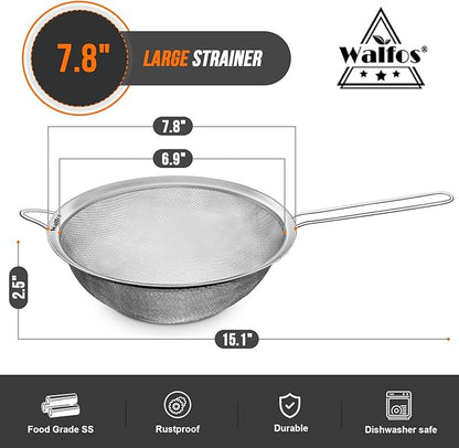 Walfos 7.8 Inch Fine Mesh Strainer, Premium Stainless Steel Colanders and Sifters, with Reinforced Frame and Sturdy Handle, Perfect for Sift, Strain, Drain and Rinse Vegetables, Pastas and Tea - Image 2