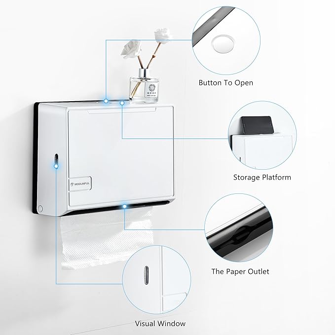 Paper Towel Dispenser for Home Bathroom: Modunful White ABS Multifold Paper Holder with Viewing Window & No-Drill Installation - Image 4