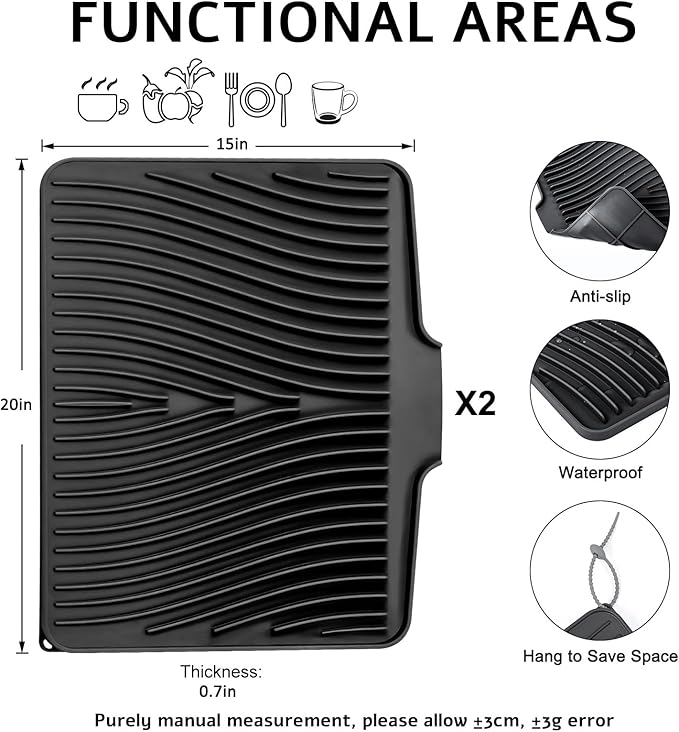 TIKNIK Silicone Dish Drying Mat, Stone Drying Mat for Kitchen Counter with Built-In Drain, Non-Slip Drain Pad with Built-in Drain, Heat Resistant Stone Drying Mat, Hangable, Black-2pcs, 20" x 15" - Image 2