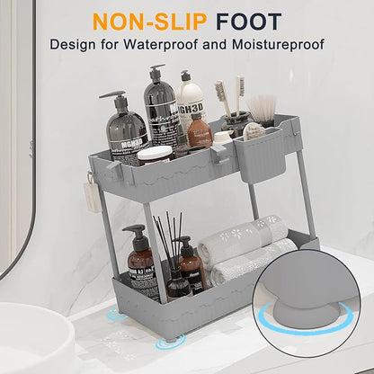 Sevenblue 2 Pack Under Sink Organizer, Under Bathroom Cabinet Organizer with Hooks Hanging Cup, Multi-Purpose Storage Shelf for Kitchen Bathroom (Gray, 14.8 Inch) - Image 6