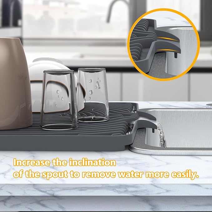Silicone Dish Drying Mat for Kitchen Counter , Dish Drying Rack Matt with Built in Drain, 18 Inch dish Dry Mats for Kitchen Counter,Bumps up sink Applicable(18×12inch Extra Raised, gray)
