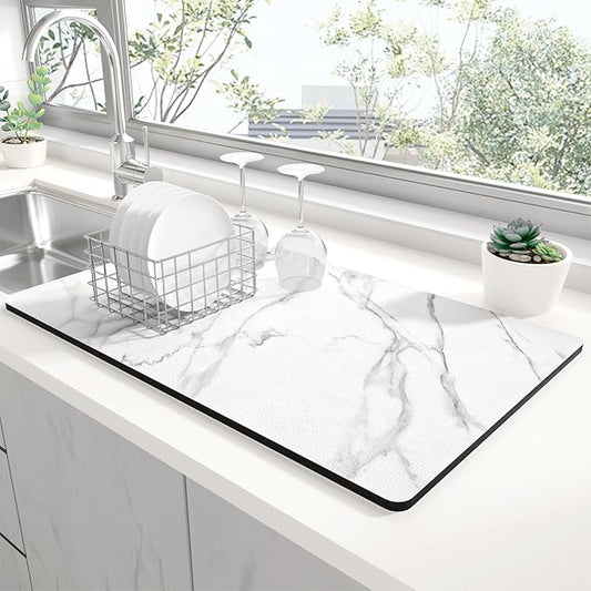 Rnivvi Dish Drying Mat for Kitchen Counter, XL 15 x 24" Cute Marble Super Absorbent Draining Pad, Non-Slip Heat Resistant Coffee Bar Mats for Coffee Machine Station Accessories, White Dish Rack Pad by Rnivvi