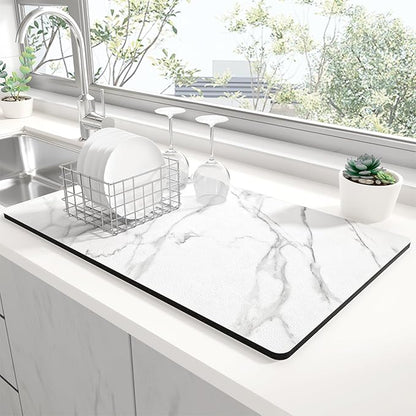 Rnivvi Dish Drying Mat for Kitchen Counter, 12 x 19" Cute Marble Super Absorbent Draining Pad, Non-Slip Heat Resistant Coffee Bar Mats for Coffee Machine Station Accessories, White Dish Rack Pad by Rnivvi