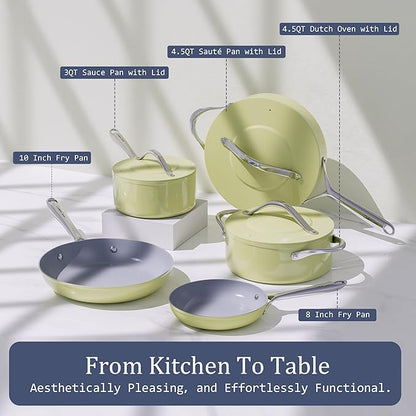 CookinCraze 4.5qt Ceramic Dutch Oven Pot with Lid (9.5"x 4") Nonstick Ceramic Coated Low Stock Pot, PFAS-Free, Lightweight, Non stick for Braising, Baking Bread & Soups, Compatible for All Cooktops(Induction/Gas/Electric) Oven Safe to 500°F, Olive Green