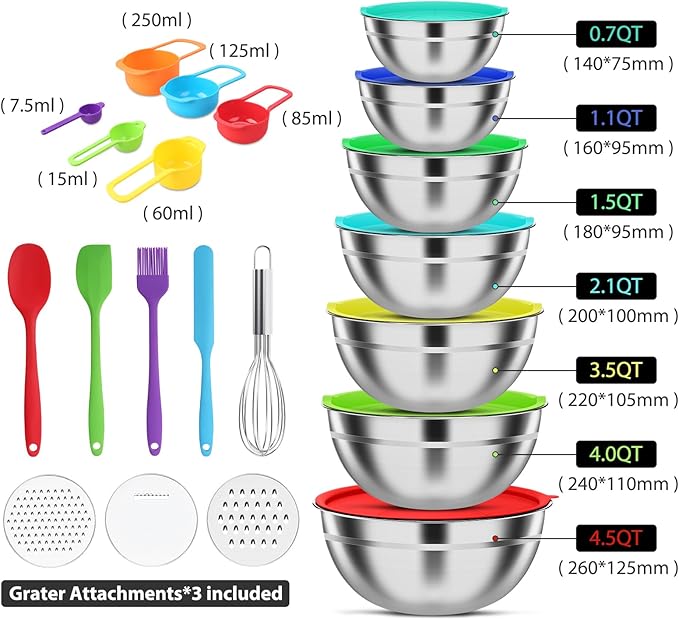 ENVTEK Mixing Bowls with Lids Set, 7 PCS Stainless Steel Mixing Bowls with 3 Grater Attachments, Size 4.5, 4, 3.5, 2.1, 1.5, 1.1, 0.7QT, Ideal for Kitchen Cooking Baking & Serving - Image 2