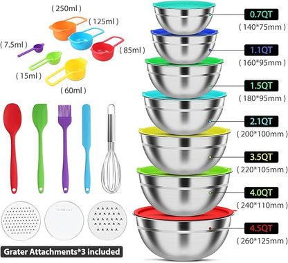 ENVTEK Mixing Bowls with Lids Set, 7 PCS Stainless Steel Mixing Bowls with 3 Grater Attachments, Size 4.5, 4, 3.5, 2.1, 1.5, 1.1, 0.7QT, Ideal for Kitchen Cooking Baking & Serving - Image 2