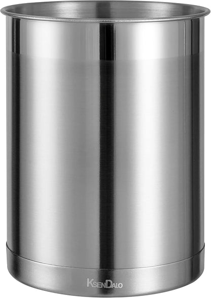 KSENDALO Stainless Steel Utensil Holder for Counter 5.0" Diameter, Brushed Metal Utensil Crock Canister for Cooking Utensils on Countertop, with Heavy Base, Dishwasher Safe,Silver by KSENDALO