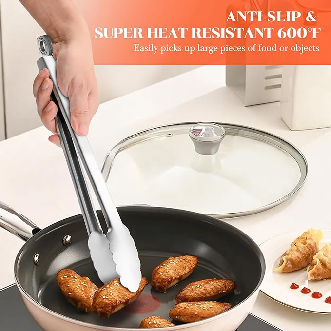 Kitchen Tongs for Cooking - 7 Inch & 9 Inch & 12 Inch Heat Resistant Stainless Steel Metal Locking Tong Grill Tongs BBQ Tong for Cooking, Grilling, BBQ/Barbecue, Food (All Metal - 7"+9"+12")