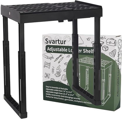 Svartur Locker Shelf for School Locker Adjustable Height and Width, Locker Organizer Shelf Stackable Locker Tools for Gym Lockers, Office, Back to School Essentials, Black