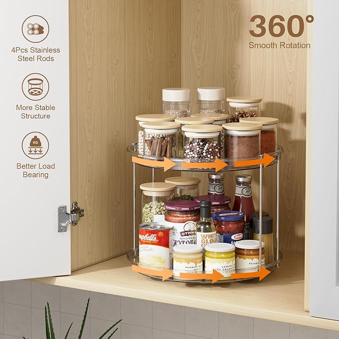 LAMU 2 Tier Lazy Susan Organizer 12 inch Large Lazy Susan Turntable Rotating Spice Rack Organization for Cabinet, Kitchen, Pantry, Countertop, Bathroom, Vanity, Medicine Cabinet Organizer, Grey - Image 2