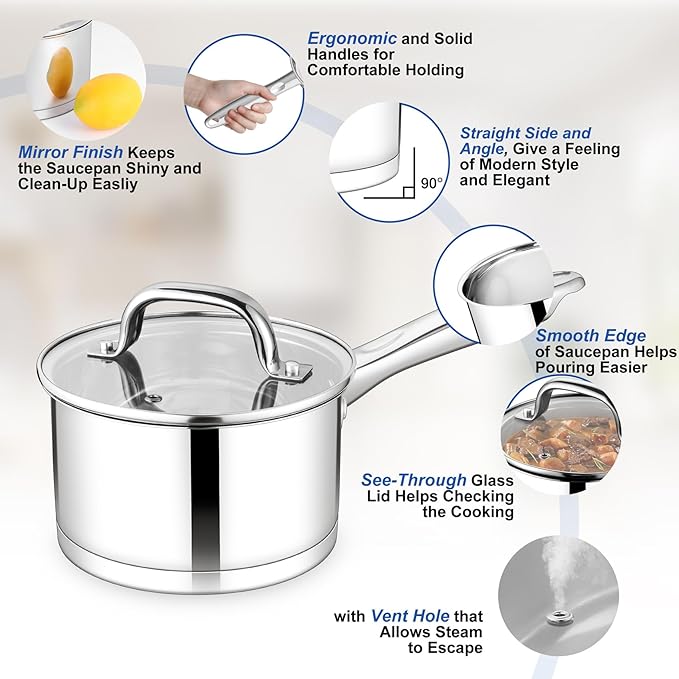 TeamFar Saucepan, 3 qt Stainless Steel Sauce Milk Pan & Lid with Tri-ply Bottom, Home/Kitchen Induction Pot for Cooking/Boiling/Warming/Stewing, Healthy & Heavy Duty, Dishwasher Safe - Image 3